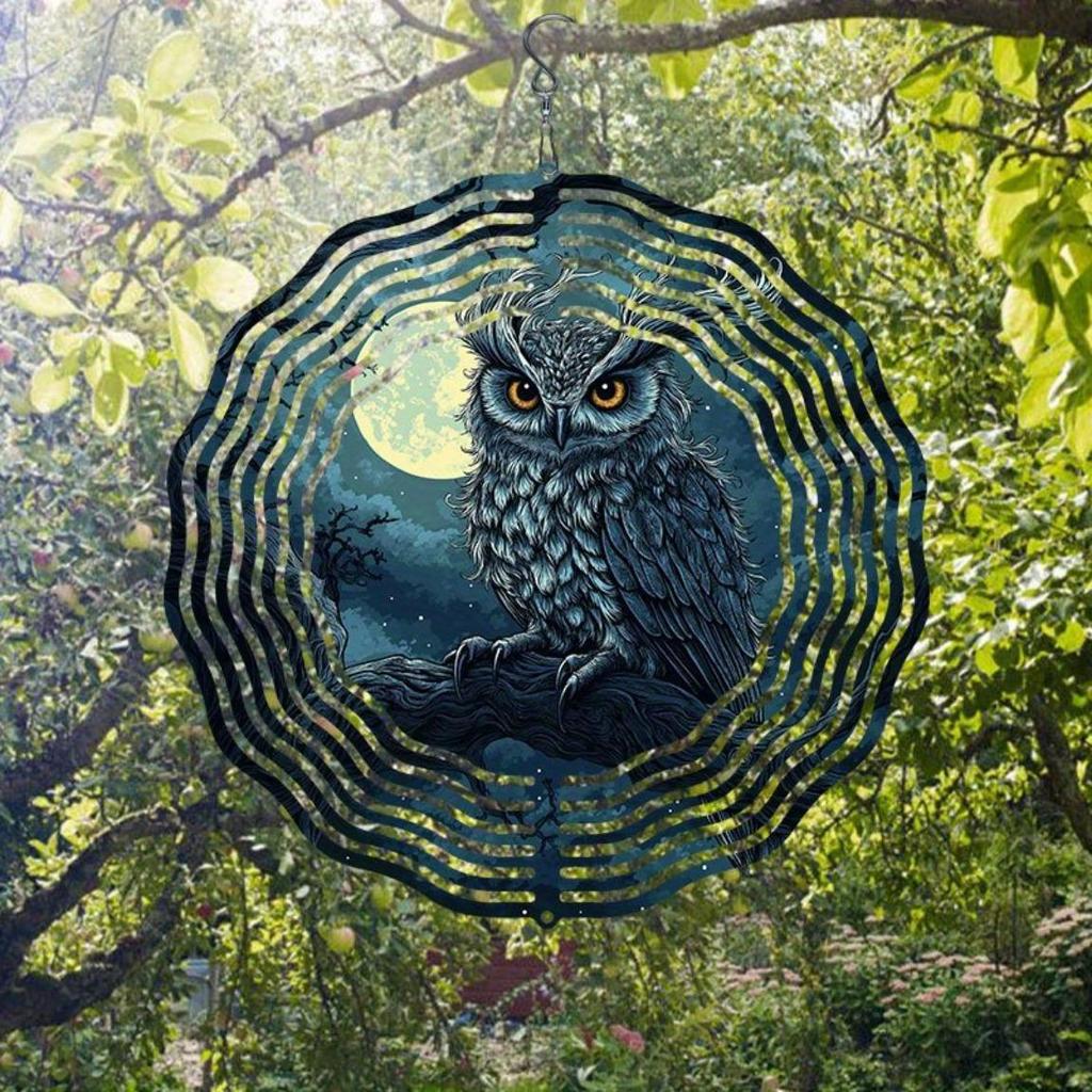 Enchanting Owl on Branch 2D Metal Wind Spinner for Garden Patio Decor Rotating Outdoor Art with 360 Hook Durable Reflective Thanksgiving