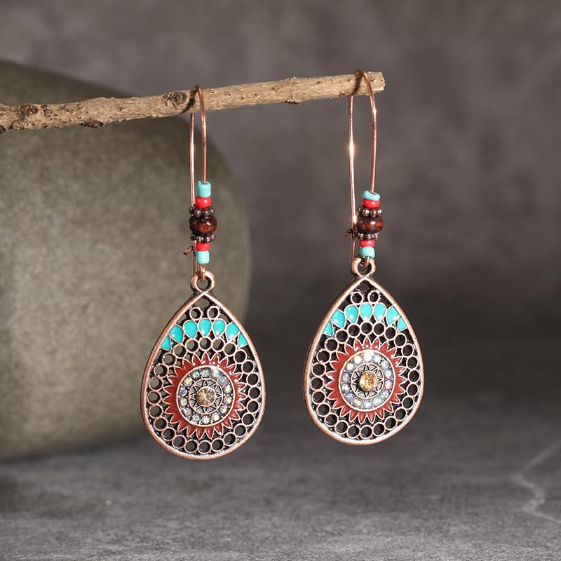 Vintage Hollow Water Drop Metal Earrings For Women Alloy Crystal Ethnic Beads Boho Colorful Flower Dangle Earrings Jewelry Gifts