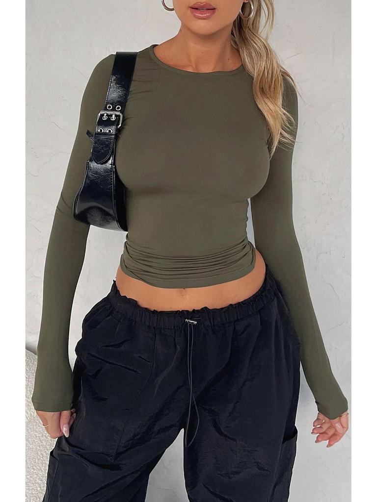 Женская повседневная однотонная обтягивающая футболка с длинным рукавом и круглым вырезом