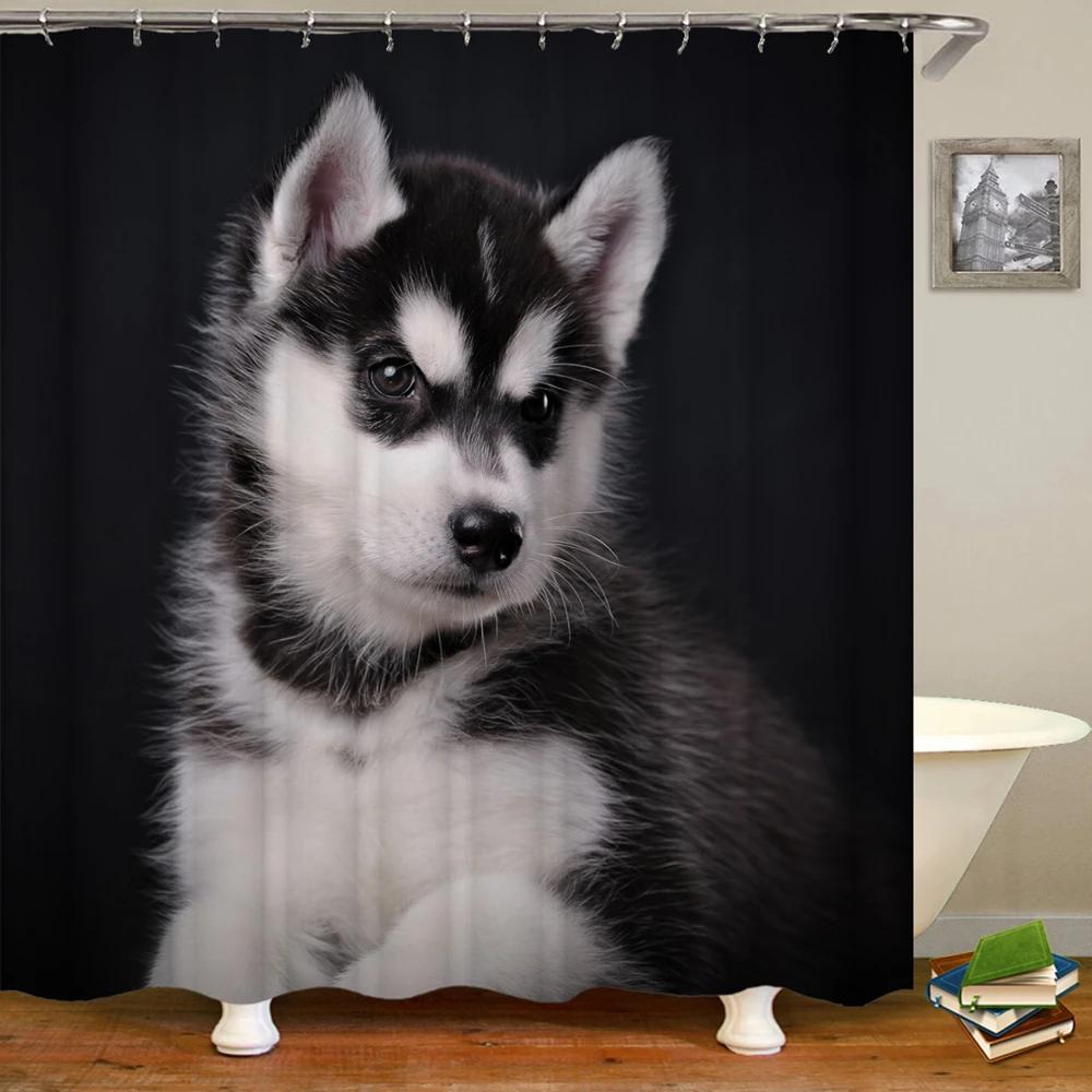 Cute Siberian Husky Shower Curtain Christmas Shower Curtain Set Husky Dog Puppy Bathroom Curtain Pet Dogs Christmas Home Decor