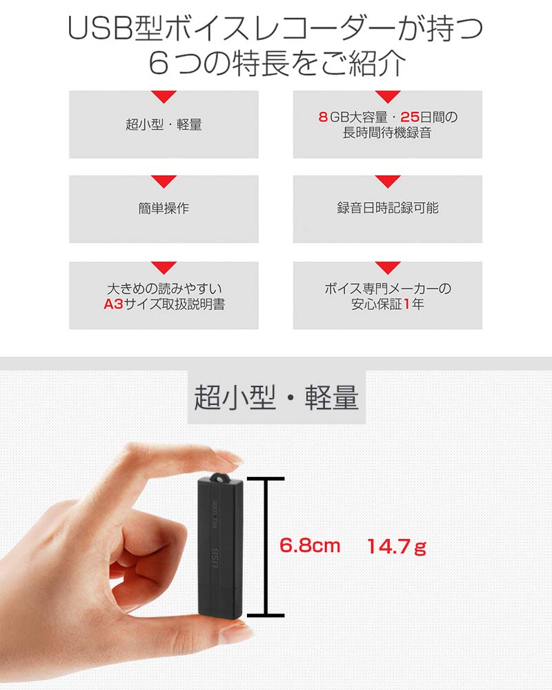 Beset Voice Recorder USB Type Equipped with Voice Detection Function Large Capacity 16GB PCM Recording Support Date and Time Recording VR-U30N-16GB