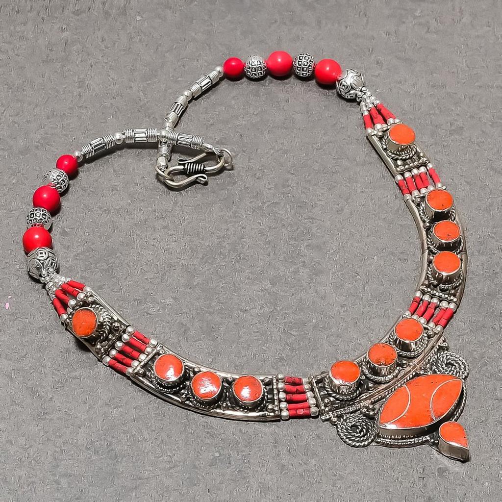 Cabochon Vintage Tibetan Necklace Natural Red Coral 18 In Boho Statement NN 889