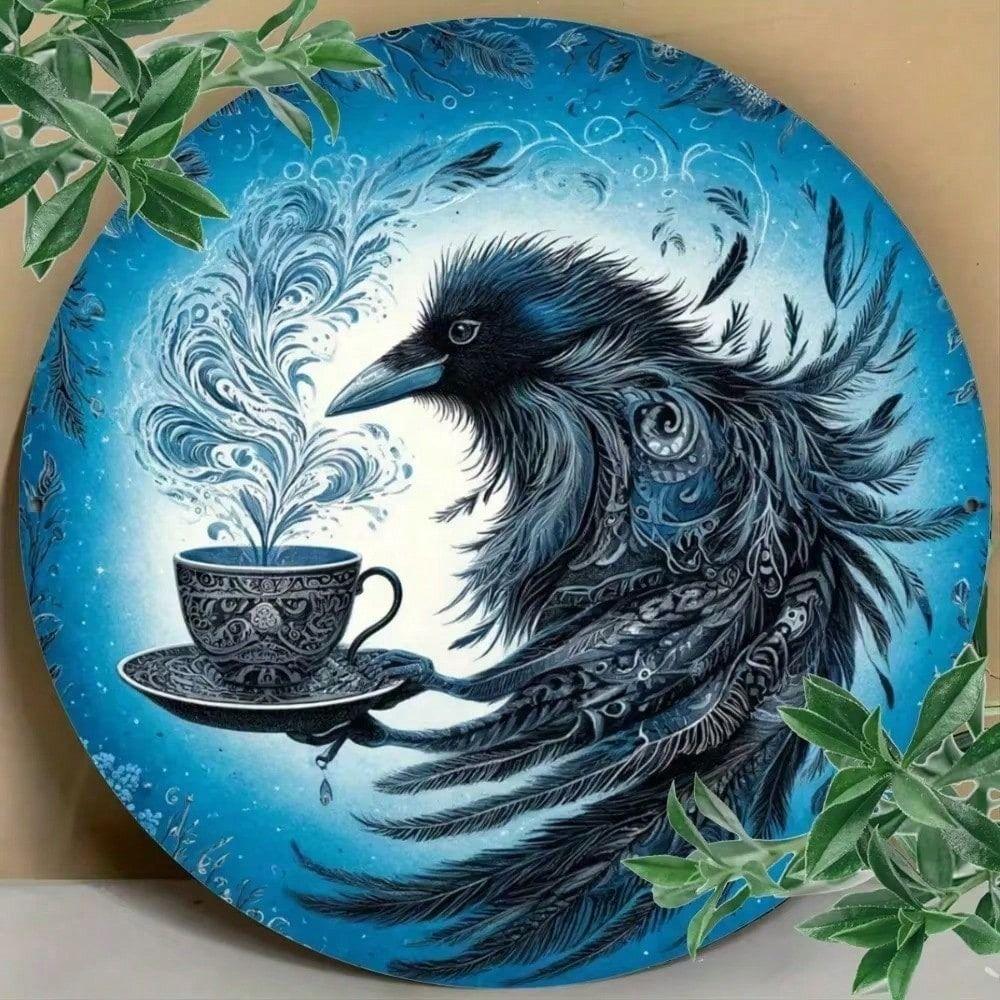 Круглая металлическая настенная табличка Ворона Кофе Кухонное искусство 20 см