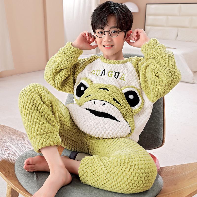 Фланелевая пижама с рисунком для мальчиков - длинный рукав, круглый вырез, коралловый флис, осень/зима