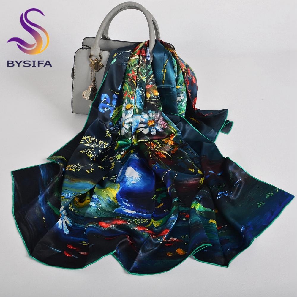 BYSIFA|Новый сине-зеленый 100% шелковый платок шаль женская мода цветочный дизайн шарфы хиджабы брендовые аксессуары шарф обертывание накидка 110*110