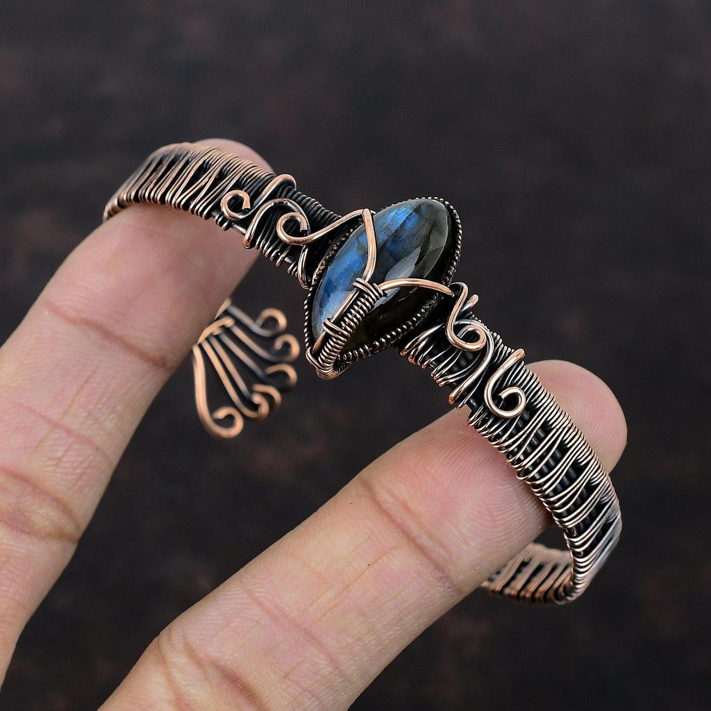 Браслет из лабрадорита Браслет-манжета из медной проволоки Регулируемый браслет Браслет-манжета из драгоценного камня Браслет ручной работы Ювелирные изделия из лабрадорита для подарка