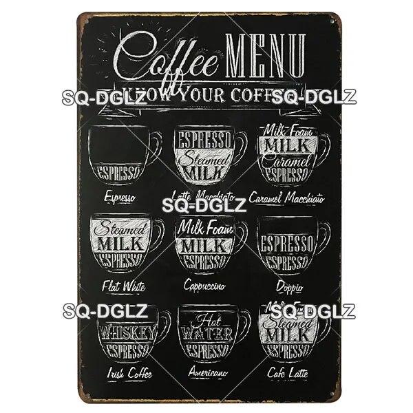 [SQ-DGLZ]COFFEE Menu Metal Sign Vintage Plaque Plate Decor For Pub Bar Wall Decor Break Coffee Tin Signs Retro Cafe Poster