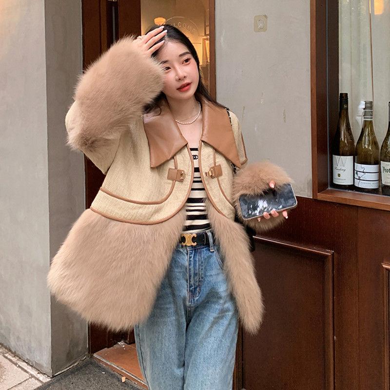 Женская куртка из искусственной кожи в стиле пэчворк из искусственного лисьего меха осенью и зимой, новый мех и меховой стиль, преодолевающий тенденцию утолщенной внутренней подкладки