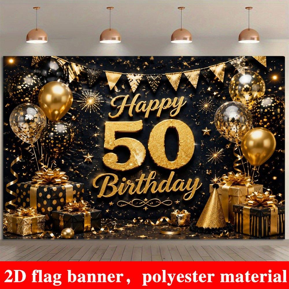 2D Flat Banner, Black and Golden 50th Birthday Backdrop, Shiny Golden Numbers, Balloons, Gift Box