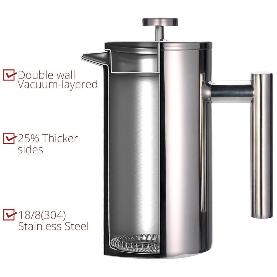 Best French Press Coffee Maker - Double Wall 304 Stainless Steel - Keeps Brewed Coffee or Tea Hot-3 Size with Sealing clip/Spoon