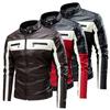 Men Jacket Color Block Slim Windproof Faux Leather Stand Collar Outerwear for Working