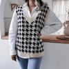 College Style Casual Loose Knit Vest Fashion Women's Houndstooth V-neck Sweater