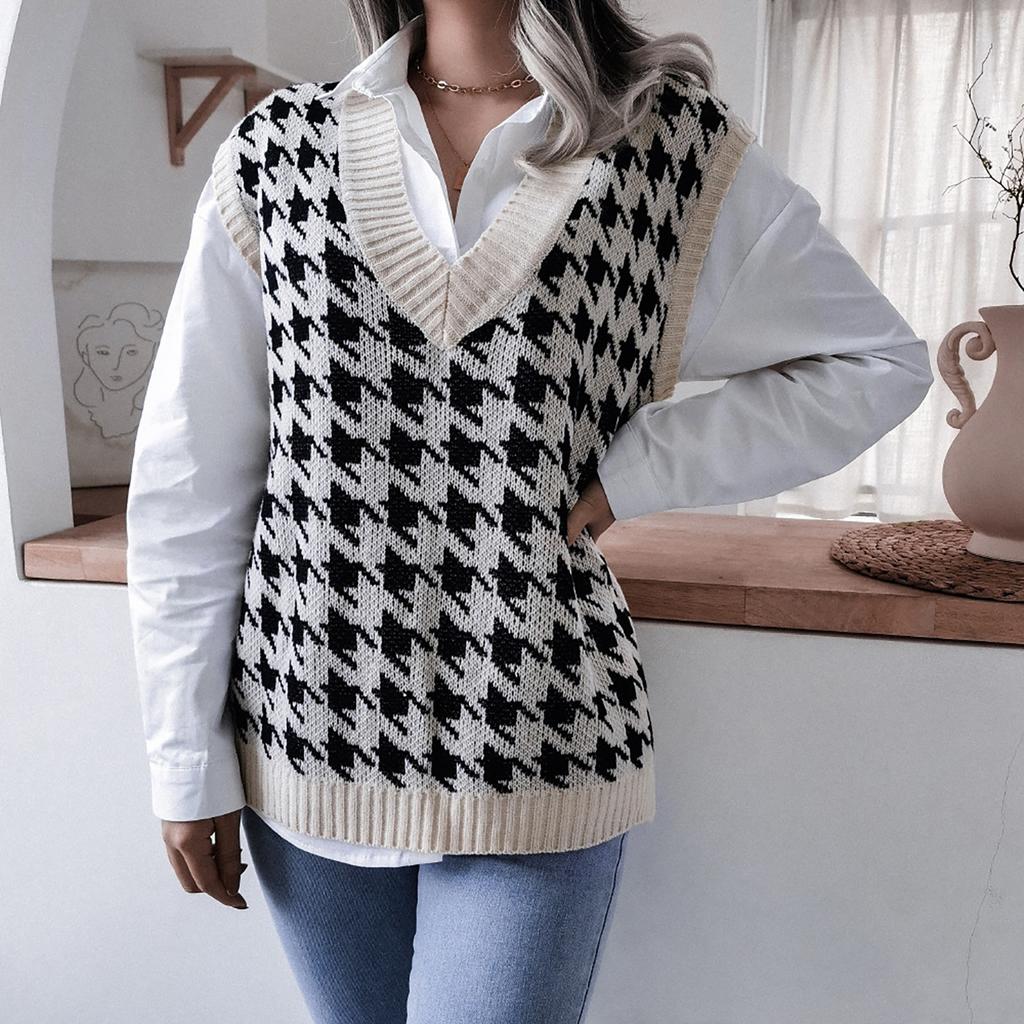 College Style Casual Loose Knit Vest Fashion Women's Houndstooth V-neck Sweater