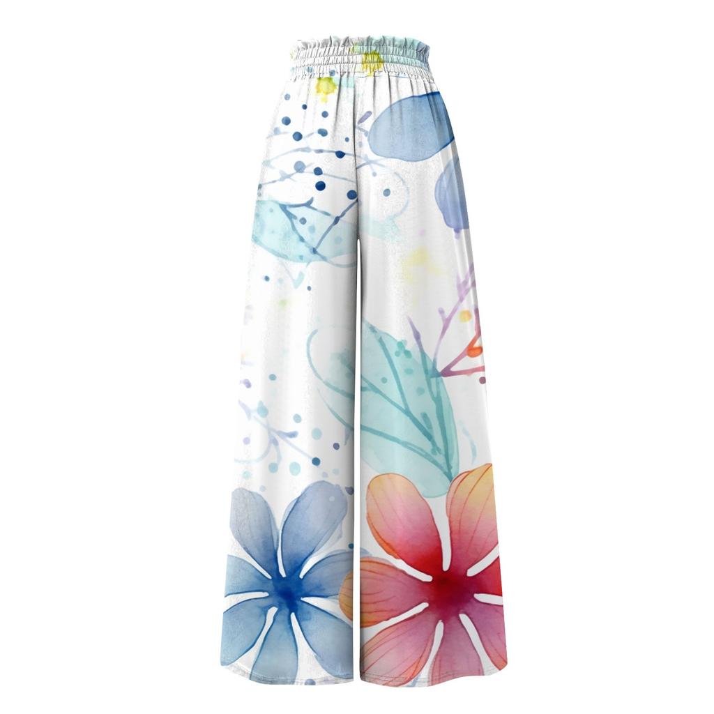 Женские широкие брюки с высокой талией, летние повседневные струящиеся брюки-палаццо, пляжные брюки с цветочным принтом и карманом