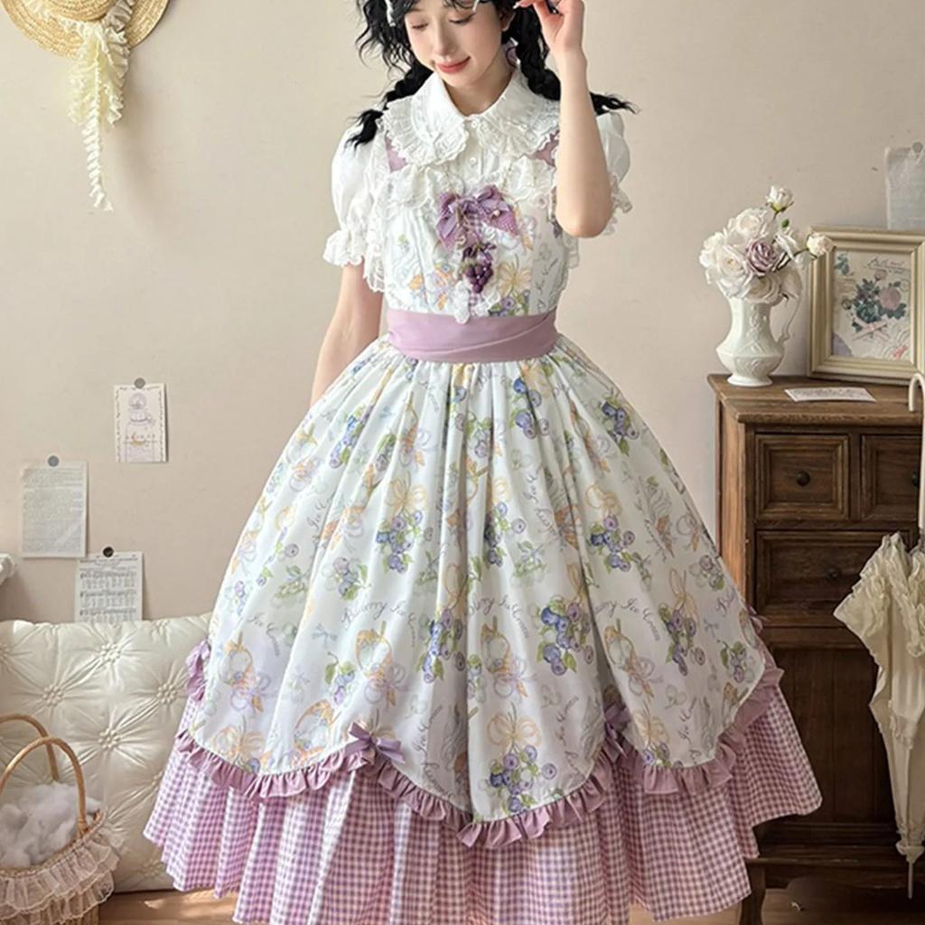 Фунт Стиль Кантри Лолита Юбка Элегантное Повседневное Кружевной Принт Миди Платье Рубашка Комплект Стиль Принцессы Бал Gown