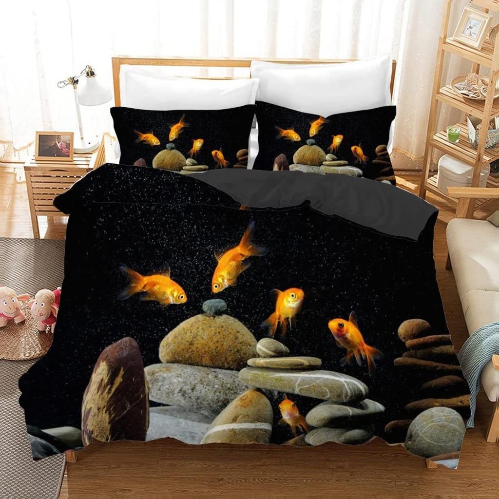 Goldfish Duvet Cover King/Queen Size Golden Red 3D Animal Bedding Set For Kid Teen Adult,Fish Themed Quilt Cover With Pillowcase