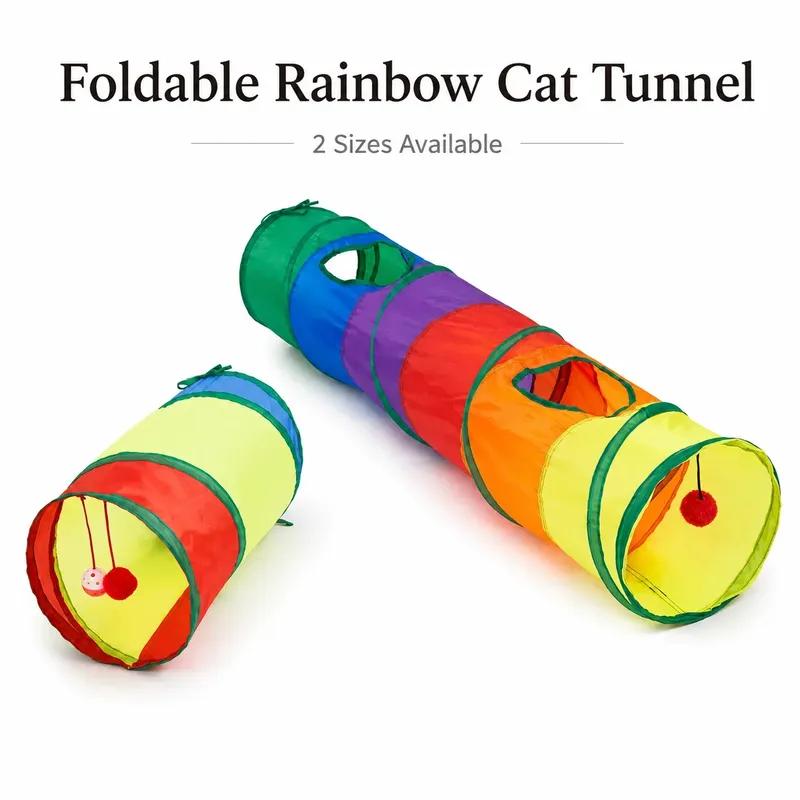 Foldable Rainbow Cat Tunnel, Collapsible Play Tube with Peek Holes & Teaser Ball for Indoor Cats