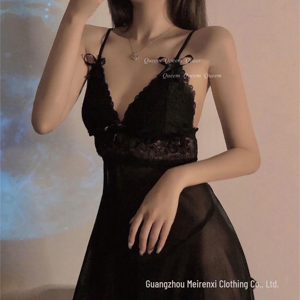 Ximufen Black Lace Backless Sexy Nightdress - Women's Split-Sling Passion Pajamas