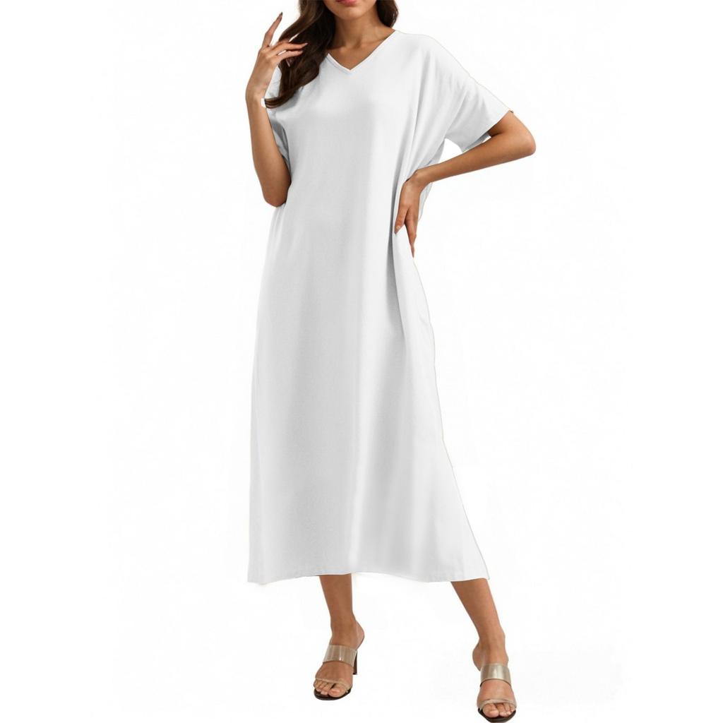 Модное женское однотонное платье с V-образным вырезом, длинное, свободное