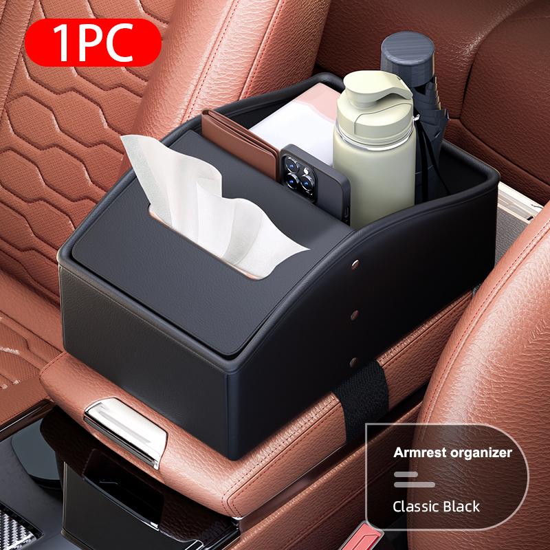 SEAMETAL Car Arm Rest Storage Box Nappa Leather Armrest Organizer with Tissue Holder Universal Auto Center Console Extension Box