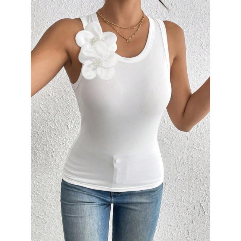 Women European Style 3d Flower Decoration Solid Sleeveless Crop Tank Top