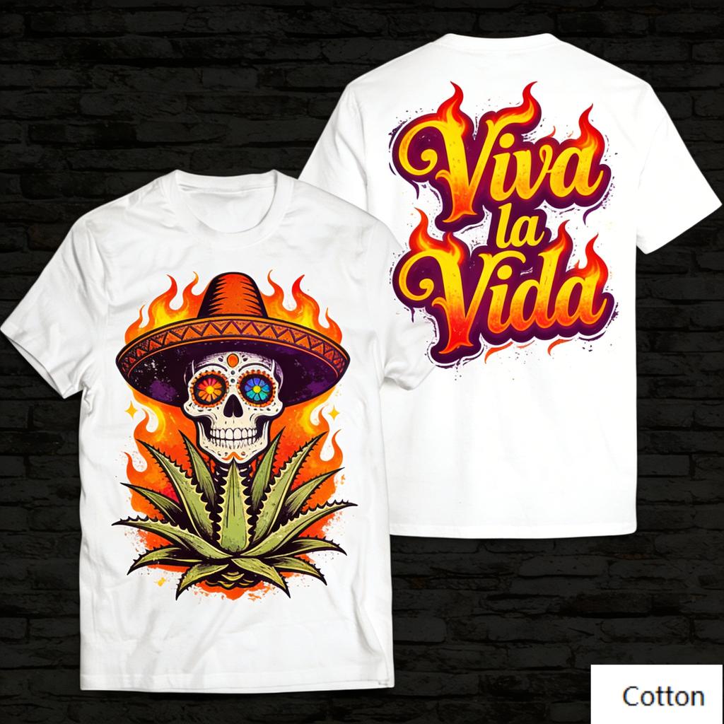 Стильная футболка с графическим принтом Viva La Vida Desert Skeleton Art Смелый контраст цветов пламени Свободный крой Хлопковая футболка Эстетичный унисекс топ