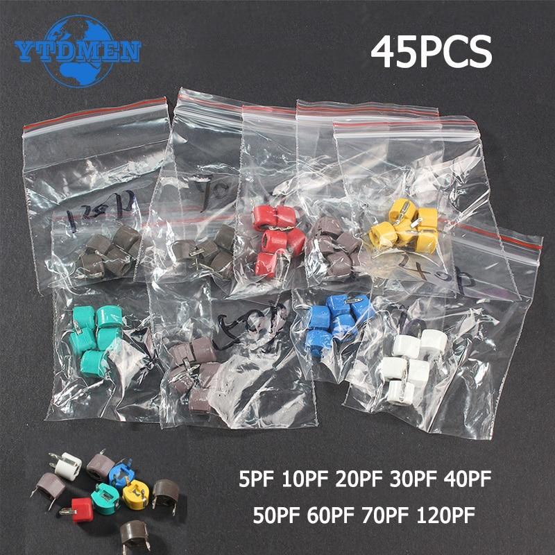 45 шт. JML06, комплект подстроечных конденсаторов в ассортименте, 5PF ~ 120PF, набор переменных конденсаторов, 5PF, 10PF, 20PF, 30PF, 40PF, 50PF, 60PF, 70PF, 120PF.