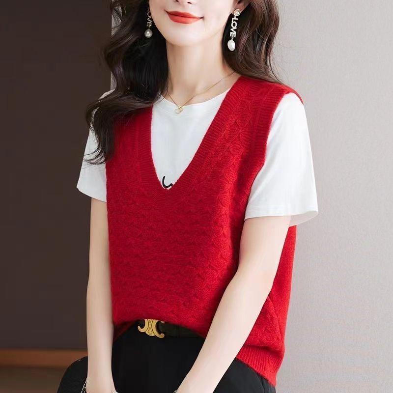Женский свитер-жилет свободного кроя, повседневный вязаный жилет, свитер с круглым вырезом, женские топы-жилеты