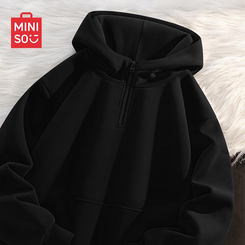 MINISO Men's Fleece-Lined American Retro Half-Zip Hooded Sweatshirt