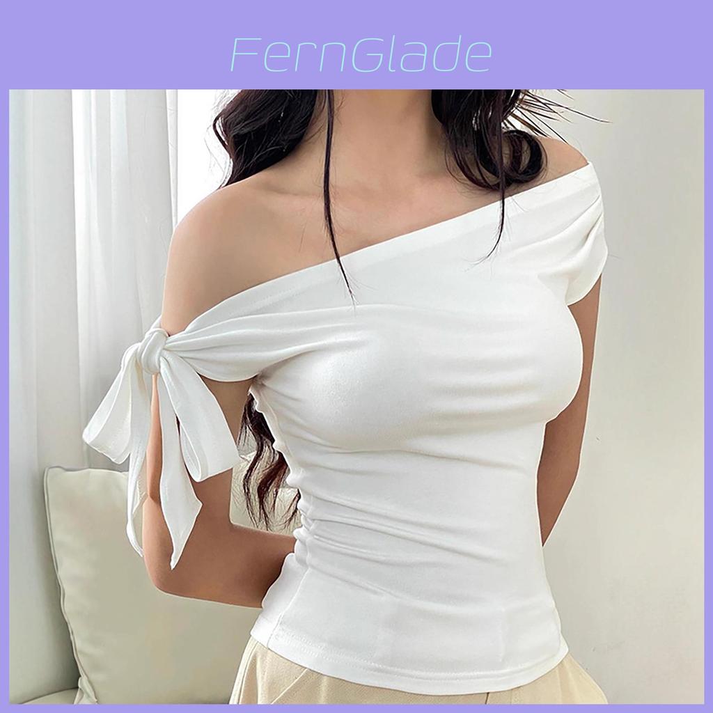 Minimalist Off Shoulder T Shirt For Women With Asymmetric Design And Polyester Fabric