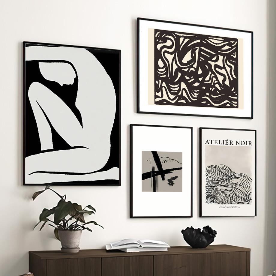 Абстрактная богемная линия, женская ваза с листьями, цветы, плакаты середины века, холст, картина, настенная живопись, печать, картина для гостиной, домашний декор