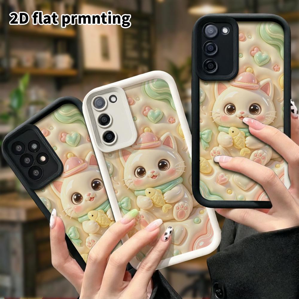 Phone Case: 2D flat design suitable for Samsung Galaxy A34 A35 M05 M06 S20 S22 S21 FE Plus 5G protective case, cute cream kitten holding a little fish