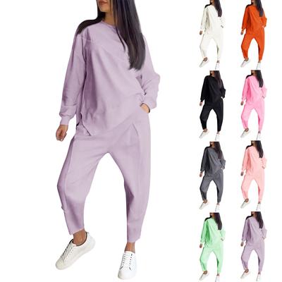 Женская мода однотонный круглый вырез с длинными рукавами свободный асимметричный свитер комплект