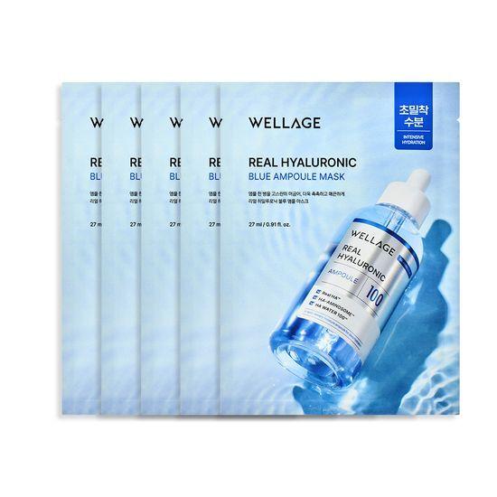 Увлажняющая Сияющая Адгезивная Маска/5 Листов WELLAGE Real Hyaluronic Blue Ампульная Маска 5 Листов
