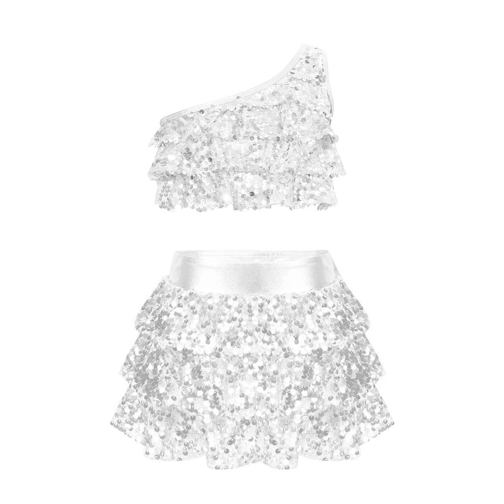 Детский комплект танцевальной одежды из 2 предметов с блестками для девочек, укороченный топ с эффектом металлик и юбка, костюм для джазового латиноамериканского выступления