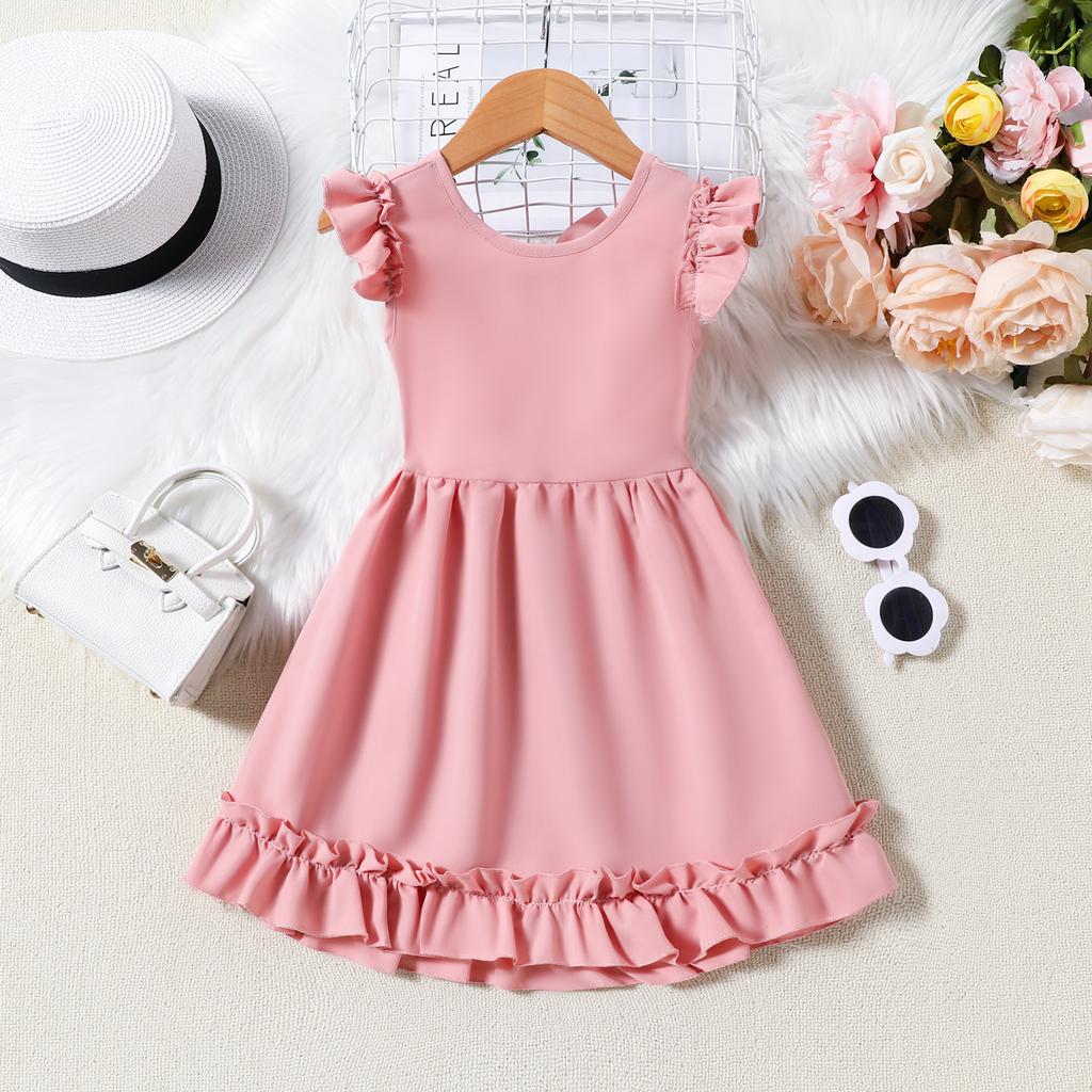 Children Clothing Girls Summer Solid Color Backless Bow Dress Princess Daily Casual Dresses for 2-7 Years Old
