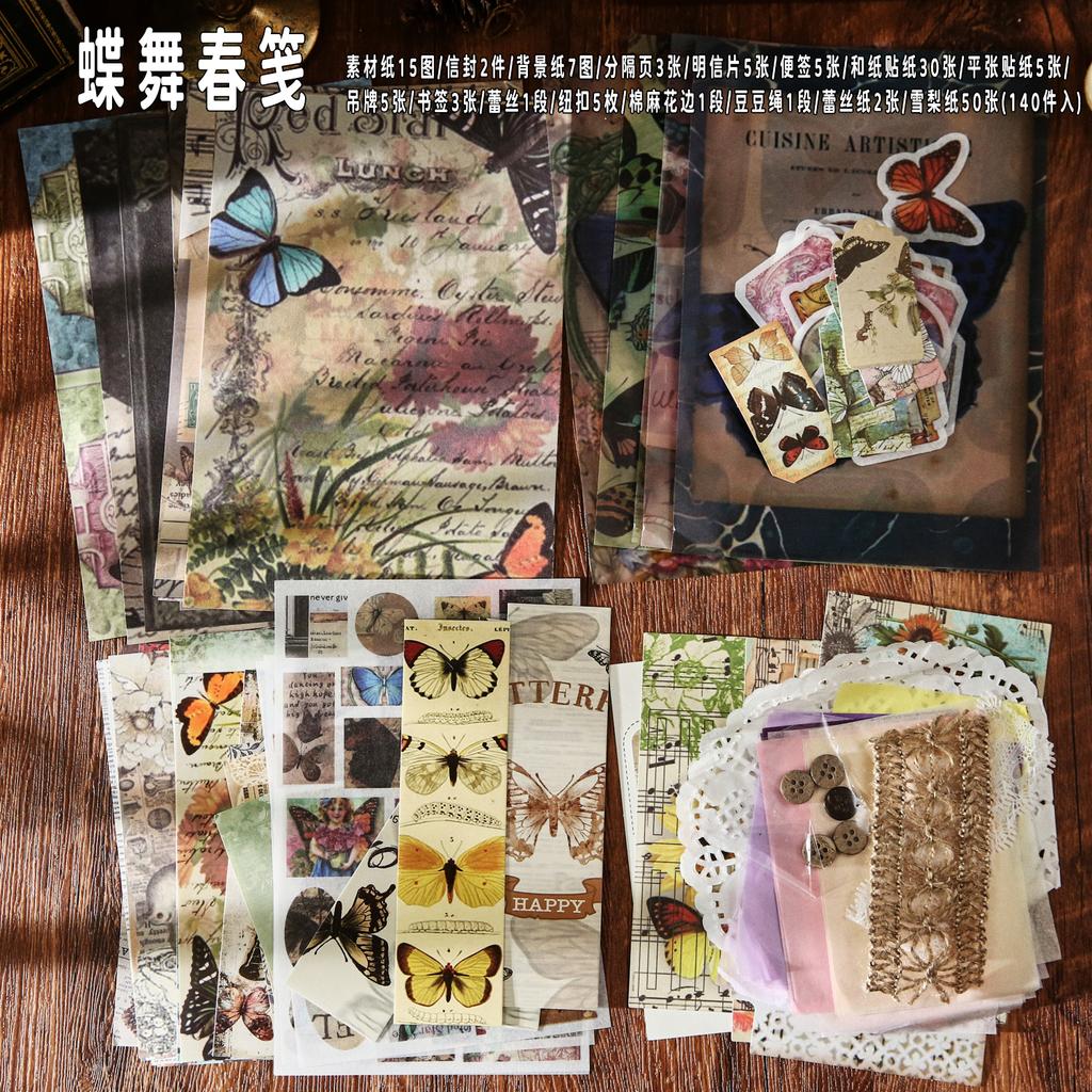 JIAMEI 140pcs Time Whisper Series Retro Scrapbook Decorative Stickers Material Pack DIY Handmade Collage Aesthetic Supplies