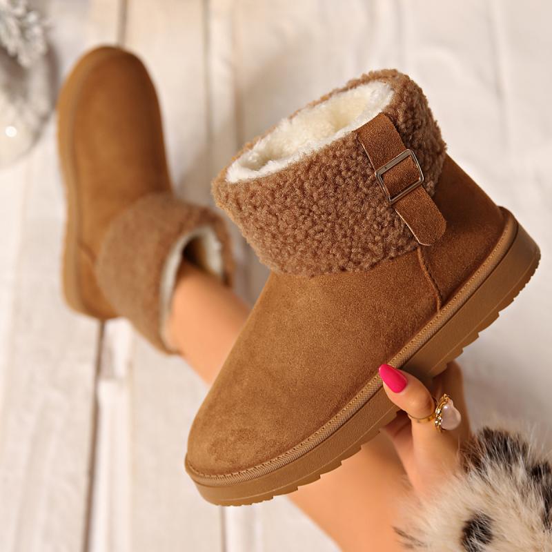 Faux Fur Non Slip Snow Boots Women 2025 Winter Round Toe Thick Bottom Ankle Boots Brown Warm Short Plush Cotton Booties