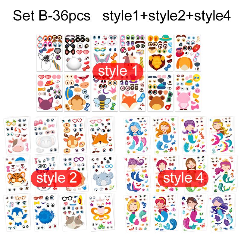 36/48pcs Children Face Changing Sticker Toy Cartoon Animal Stickers Reusable Waterproof Parent Child Interactive Toys TMZ
