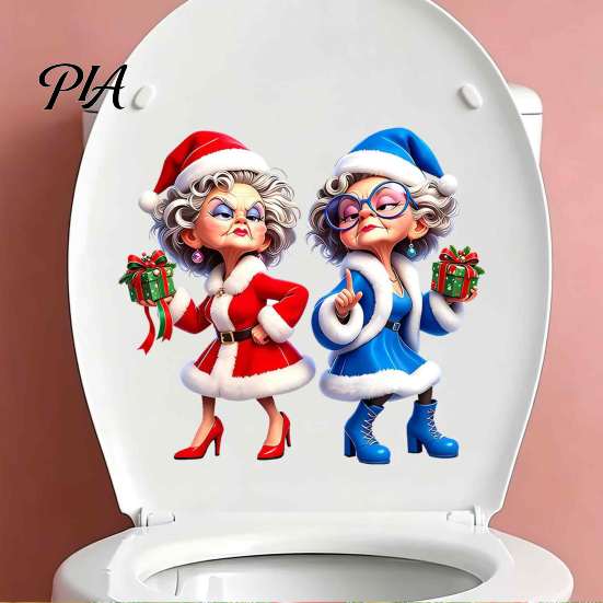 Decorative Xmas Toilet Tank Stickers Christmas Granny Sticker, Funny Cartoon Mrs. Claus Decal, Waterproof Durable PVC Decals Self Adhesive Decal