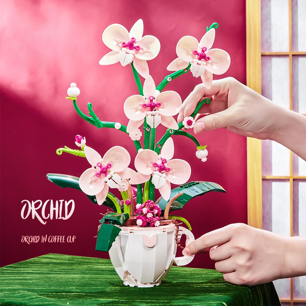 567+Pcs Coffee Cup Orchid Model Building Blocks, Pink Preserved Flower Diy Toy For Girls/Mom, Valentine'S Day/Mother'S Day Gifts