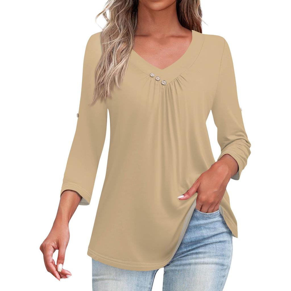 Shirts For Women Trendy V Neck Button T Shirts Casual Solid Color Summer Tees T Shirt Blouse Three Quarter Sleeve Tops For Women