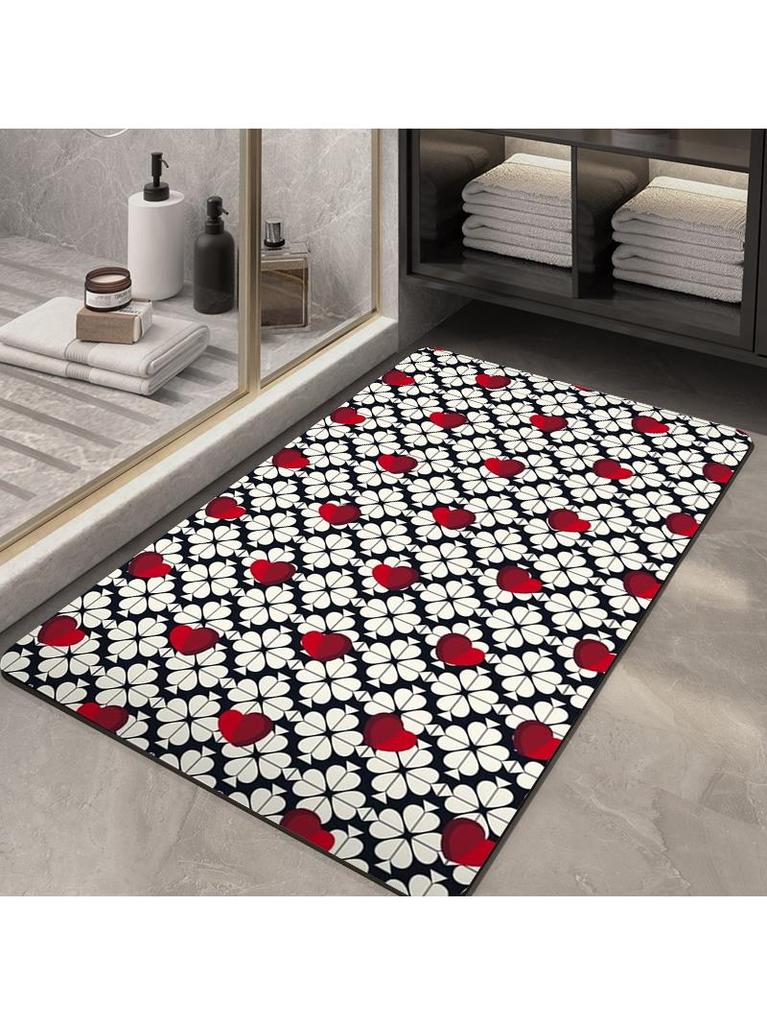 Red Heart  White Flower Polka Dot Bath Rug Playful Retro Print Non-Slip Quick Dry Floor Cover