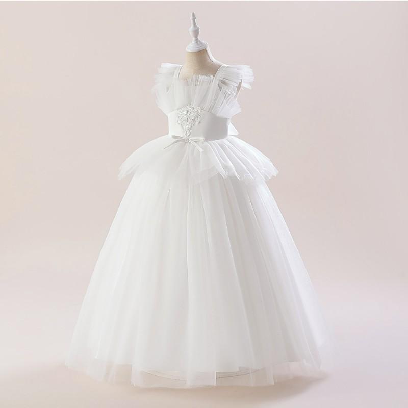 Girls Princess Tulle Dress Party Performance Gown White Long Kids Over 4Y