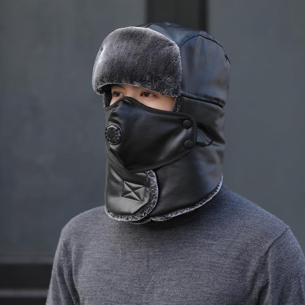 Trapper Hat For Men Women Winter Leather Ski Hat With Winter Ear Flap And Ski Windproof Rainproof Warm Mask For Cold Weather