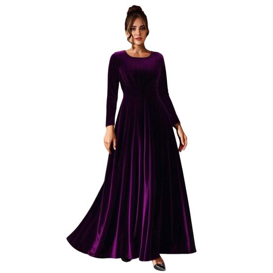Женское бархатное платье макси, повседневное, с круглым вырезом, длинными рукавами, А-силуэта, платье-свинг, осеннее, для коктейльной вечеринки, формальное платье для гостьи на свадьбе