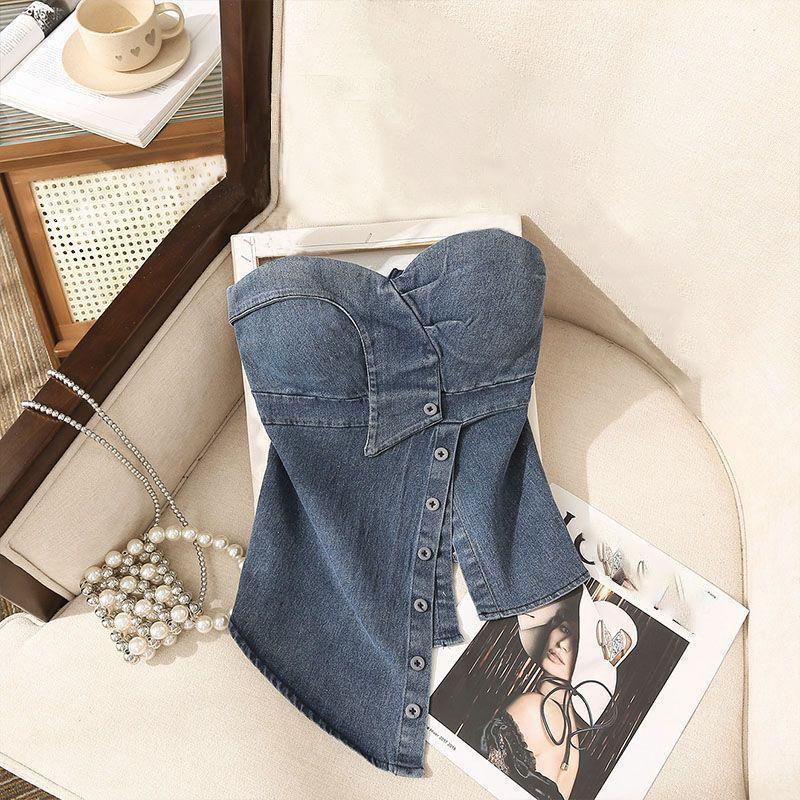 Summer Spice Girl Style Denim Sling Vest Women Irregular Sexy Slim Fit Versatile Top Y2k Aesthetic Bodycon Tanks