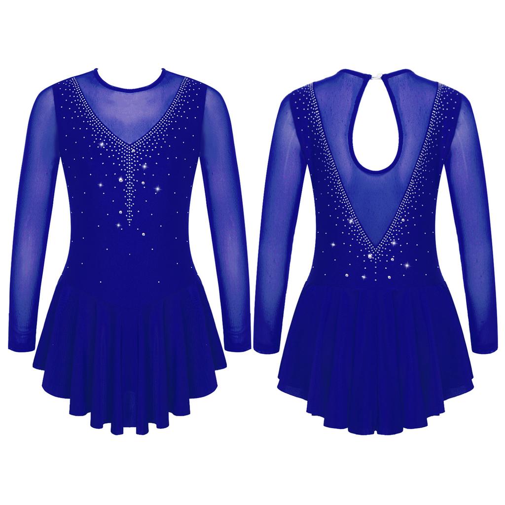 Kids Girls Stylish Dress Long Sleeve Sparkly Rhinestone Patchwork Style Gymnastics Leotard Dress Dancewear