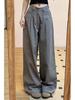 Plus Size Women's Grey Pleated Wide Leg Jeans - High Waist, Loose Fit, Spring/Autumn Style