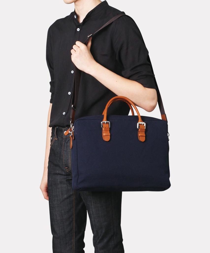 Matt Canvas Leather Combination Briefcase Messenger Navy